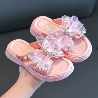Babyonline(X368)2F3-6 (ส่งด่วน1วัน)รองเท้าแตะเสริมส้นแต่งไข่มุกสำหรับเด็กผู้หญิงสุดน่ารัก พื้นนุ่ม กันน้ำ มีกันลื่น