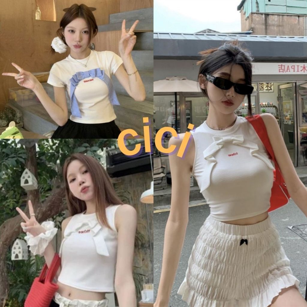 Cici (NO.J1081/J1082)เสื้อครอปแขนกุด/แขนสั้น ผ้าเรยอนเข้ารูป แต่งโบว์ด้านหน้า สไตล์สาวเวียดนาม