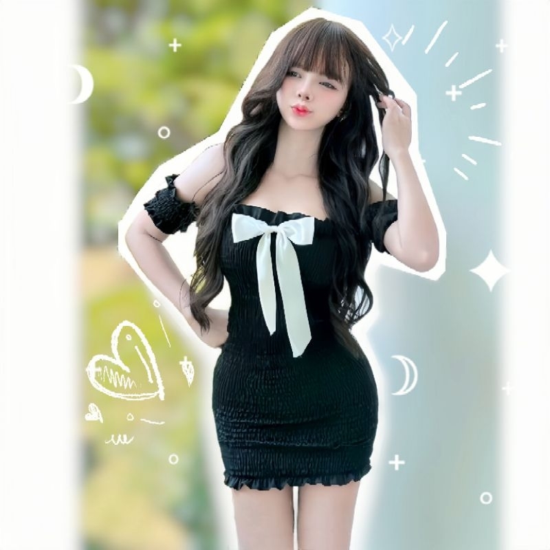 169 พร้อมส่ง เดรสสั้นต่อแขน งานสม็อคทั้งตัว แต่งโบว์