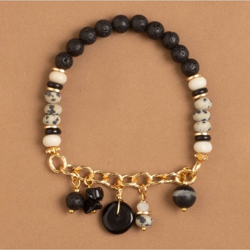 SUMMER MIX BLACK AGATE AND DALMATIAN FLAT BRACELET