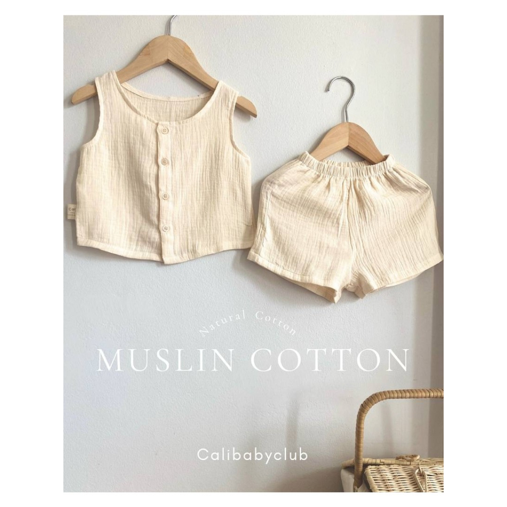 Cali ชุดเสื้อแขนกุด+กางเกงขาสั้น ผ้ามัสลินทอ สีพาลเทล *ป้าย Cali Baby