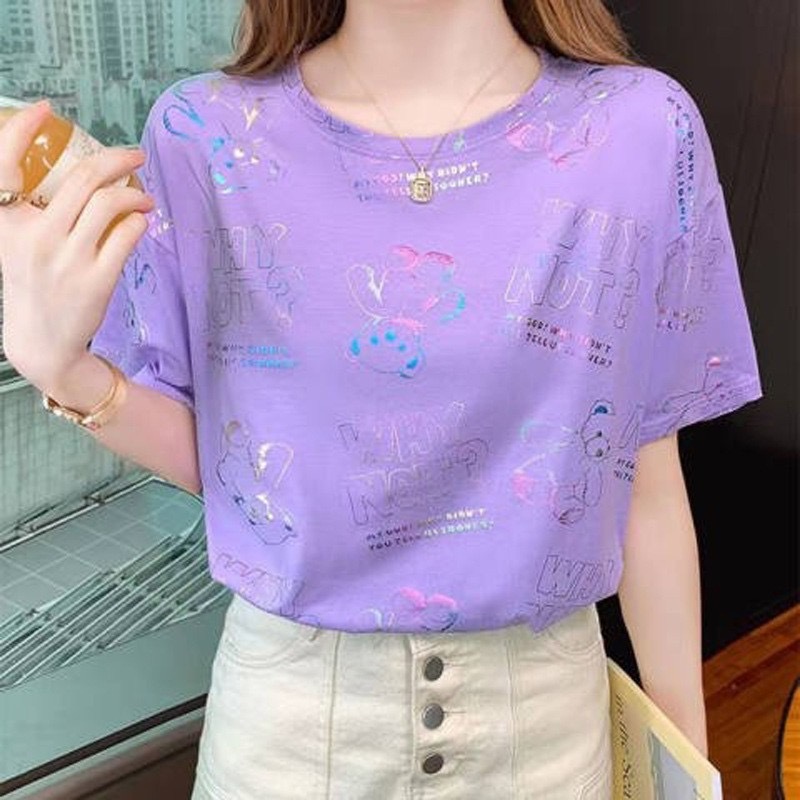 เสื้อยืด พิมพ์ลาย คอกลม แขนสั้น ทรงหลวม ผ้าบาง รุ่น6609