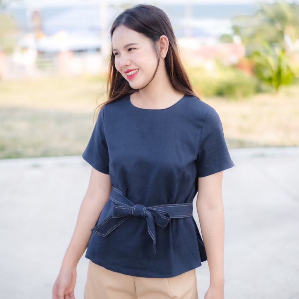 🎀เสื้อโซยอล เสื้อลินินผสมฝ้าย ใส่สบาย คอกลมมีแขน แถมโบว์ผูกเอวเข้าชุด✨🎀