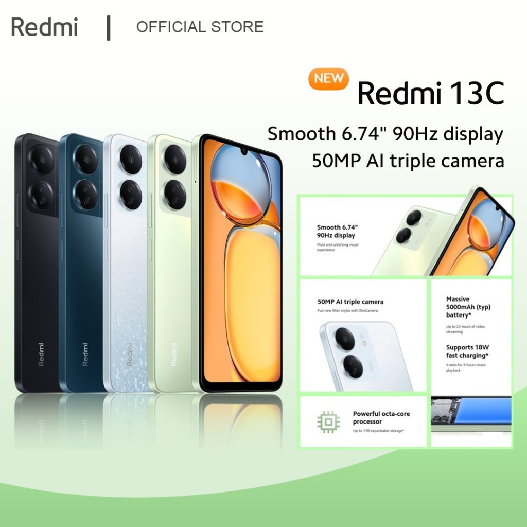 Redmi 13C MIUI 14 โปรเซสเซอร์ 8 + 256GB แบตเตอรี่โทรศัพท์มือถือ 5000mAh 90Hz FHD+ รับประกัน 5 ปี