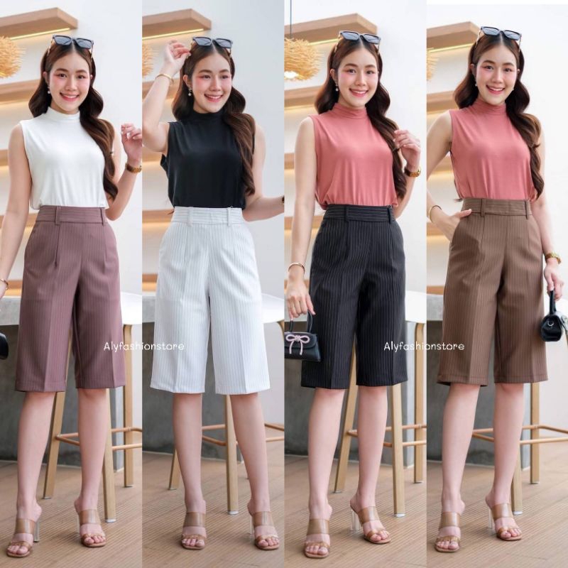 กางเกง4ส่วน(SK408) เอวสูง ซิปข้าง ทรงกระบอกเล็ก เก็บทรงสวย ซักไม่ต้องรีด M-3XL