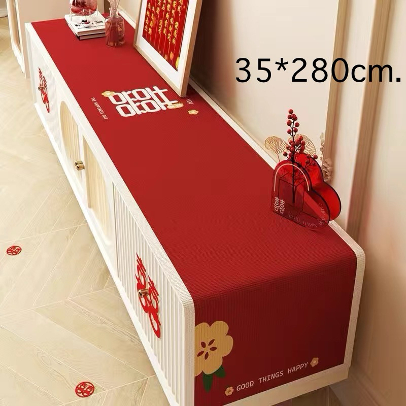 ผ้าปูโต๊ะขนาดยาว ผ้าปูโต๊ะสีแดงสำหรับงานแต่งงานลายซวงสี่ลายซังฮี้