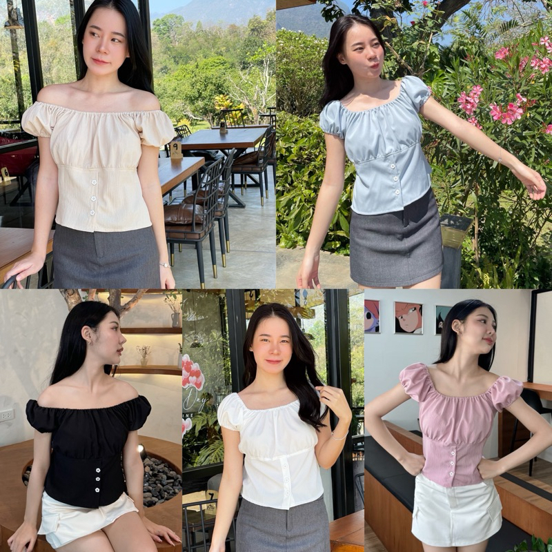 Teera พร้อมส่ง เสื้อน่ารัก ผ้าลื่น ใส่สบาย แขนตุ๊กตากระดุมลายดอกใส่ปาดไหล่ก็ได้ nanny