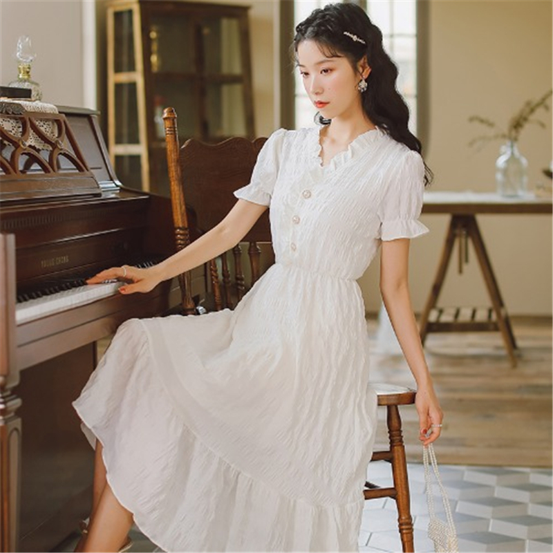 เดรสยาวปานกลาง ชุดเดรสสีขาว ชุดฝรั่งเศส ย้อนยุค - รูปที่ 7