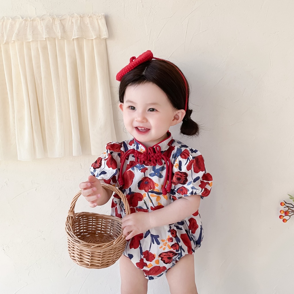 NTbaby (สินค้าพร้อมส่ง) NEW2024 ชุดจั๊มสูทรอมเปอร์ ลายดอกไม้ แฟชั่นฤดูร้อนสไตล์จีน สําหรับเด็กผู้หญิง