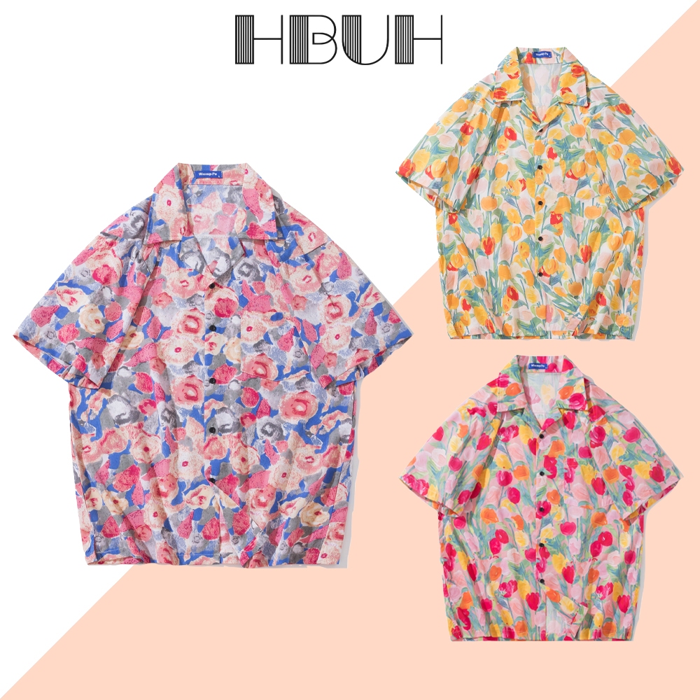 HBUH เสื้อเชิ้ตแขนสั้นลําลอง ทรงหลวม ลายดอกไม้ เหมาะกับเดินชายหาด เสื้อฮาวาย เสื้อสงกรานต์