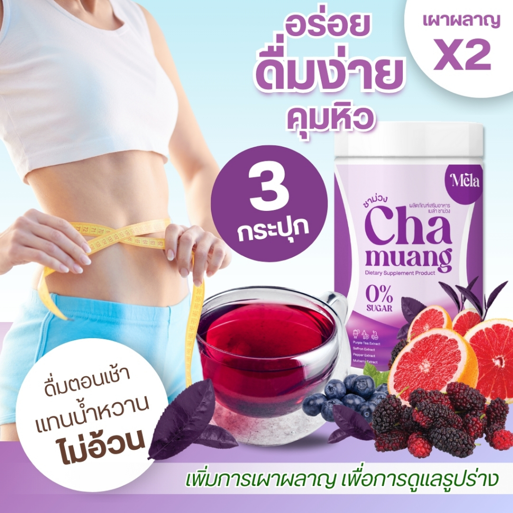 MELA ชาม่วง เบิร์นไว [ซื้อ2แถม1] เสริมการเผาผลาญ Mela ของแท้ L-Carnitine ลดน้ำหนัก ลดพุง