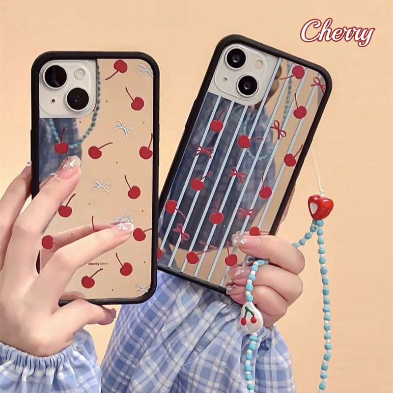 จัดส่ง24ชม iPhone 15 14 13 12 11 Pro max case for เคสไอโฟน15 บางเบาพกพาง่าย การ์ตูน เชอร์รี่ โบว กระจกเงา โซ่มุก case