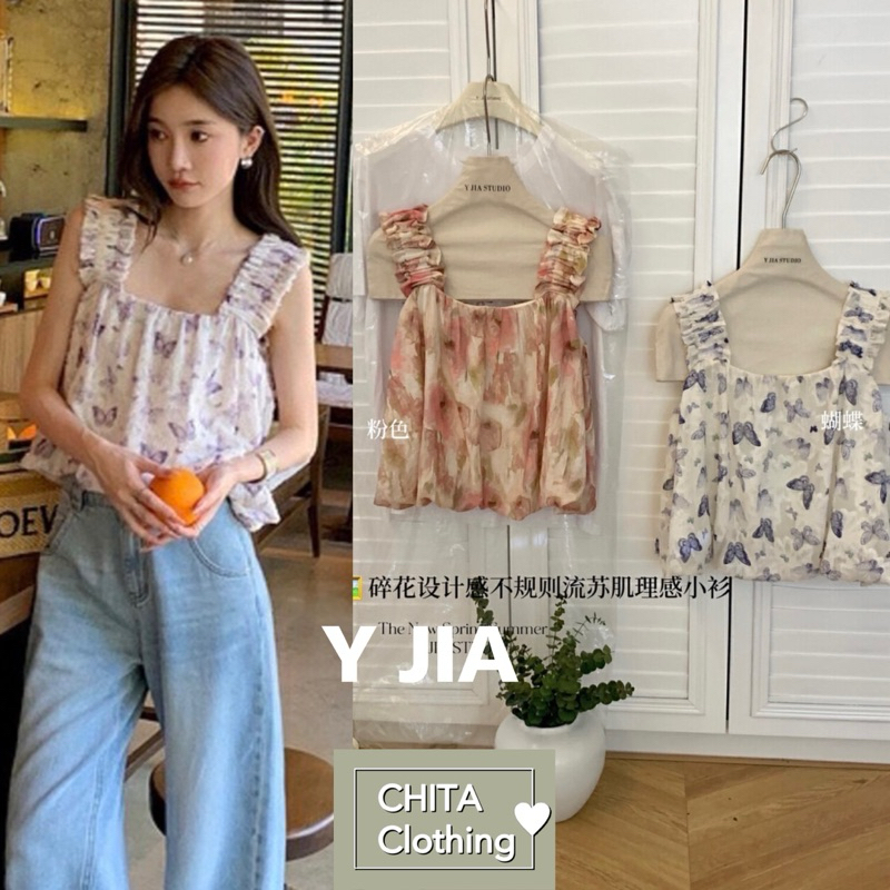 เสื้อคอเหลี่ยม ผ้าลายสวย งานน่ารักมาก  TAG   Y.JIA STUDIO  🇰🇷