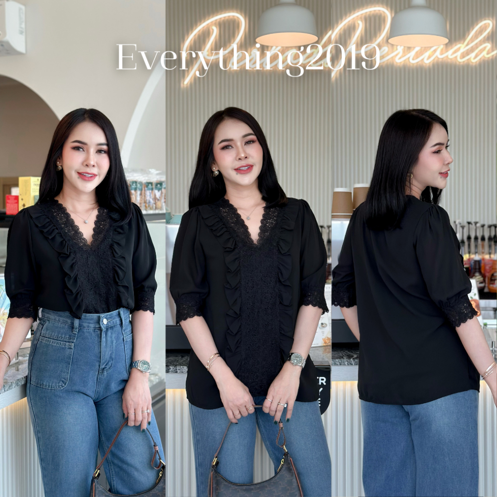 Everything2019 (6169-1) เสื้ออกระบายลูกไม้แขนศอก ใส่ทำงานสวยๆ ใส่เที่ยวสบายๆ