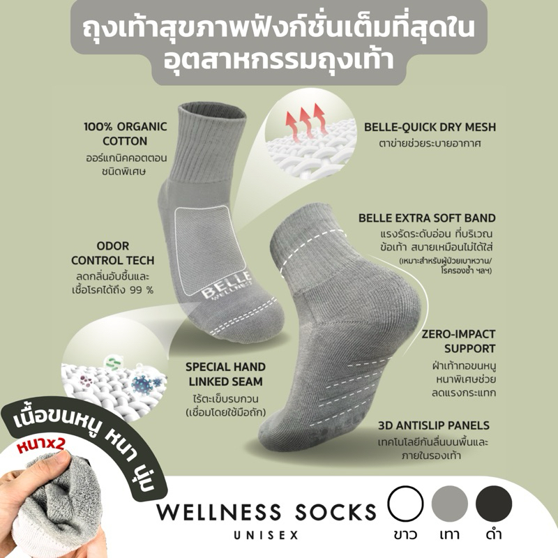 BELLE WELLNESS SOCKS ถุงเท้าสุขภาพไร้ตะเข็บ Handlink Antibacterial Organic Cotton 100%(เหมาะสำหรับผู