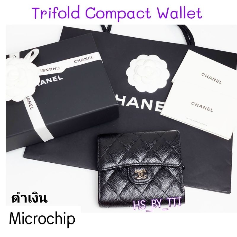 ดำเงิน ❤ ปี 2023 ❤ Chanel Wallet Trifold Black Caviar(micro chip) กระเป๋าสตางต์  3 ทบ มีซิบหลัง Full Set  ของแท้
