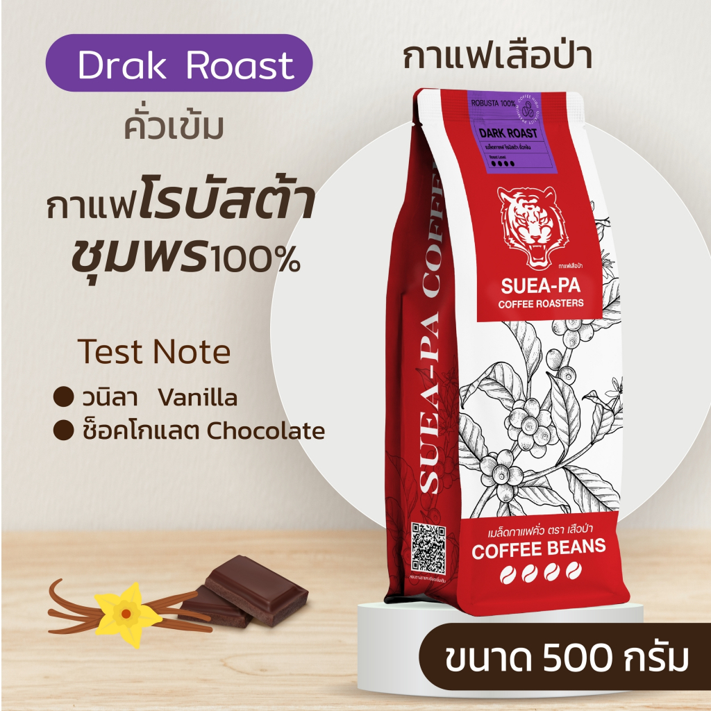เมล็ดกาแฟคั่วโรบัสต้า 100% ชุมพร คั่วเข้ม เกรด A ตราเสือป่าคอฟฟี่