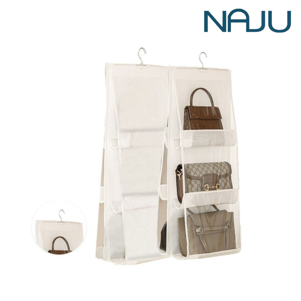 Naju ที่เก็บกระเป๋า ช่องแบ่ง6ช่อง ที่แขวนเก็บกระเป๋า กันฝุ่น สิ่งสกปรก ความชื้น ยิบใช้งานสะดวก 3 ขนาด