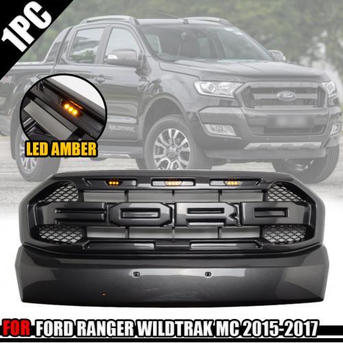กระจังหน้า มีไฟ LED สีเหลือง รุ่น ฟอร์ด เรนเจอร์ FORD RANGER  ปี 2015 – 2017 โลโก้ FORD สีเทาไวแทรค