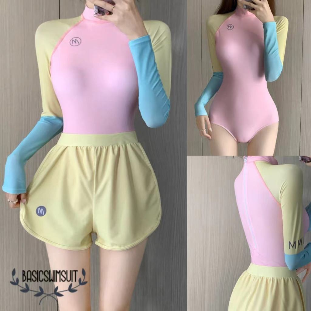 Basic swimsuit ชุดว่ายน้ำ รุ่นใหม่ ทูพีช แขนยาว เอวสูง แฟชั่น กันuv #0206