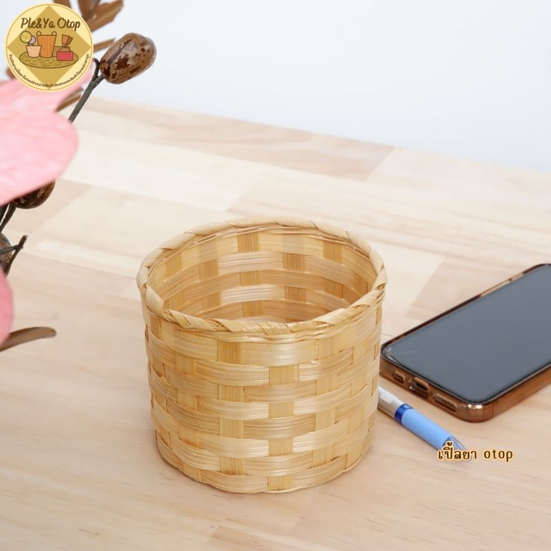 ตะกร้าใส่ปากกา แก้วไม้ไผ่ลายสก๊อต ขนาด8.5cm×11cm.