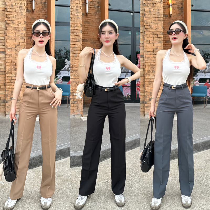 กางเกงขากระบอก กางเกงเอวสูง เก็บพุง 💖 กางเกงใส่ทำงาน พรางหุ่น กระเป๋าใช้งานได้จริง พร้อมส่งค่า รุ่น 