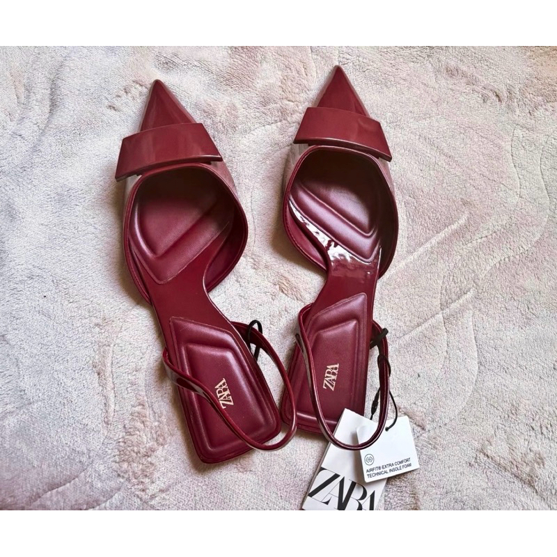 ส่งด่วนกทม📌ZARAของแท้💯 รองเท้าส้นเตึ้ยPuหัวเเหลมรัดส้น SANDALS SLINGBACK Red Bergundy