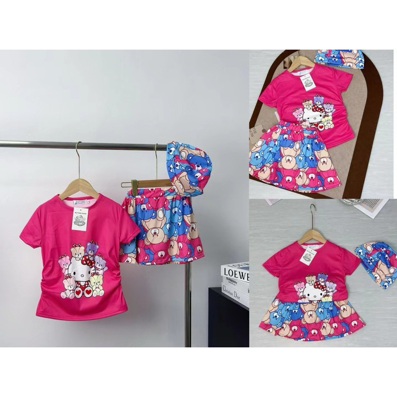 🔥พร้อมส่งจากไทย🔥ชุดเซ็ตเสื้อ+กระโปรงลูกสาวคิตตี้ชมพูเสื้อรูดได้