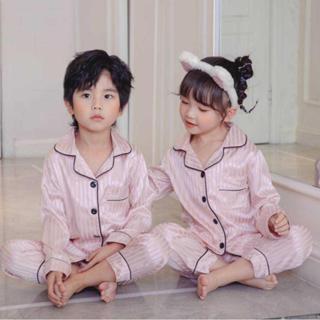 🔥เซทชุดนอนเด็ก ชุดนอนผ้าซาติน สีพื้น แขนสั้น แขนยาว ชุดนอนผ้…