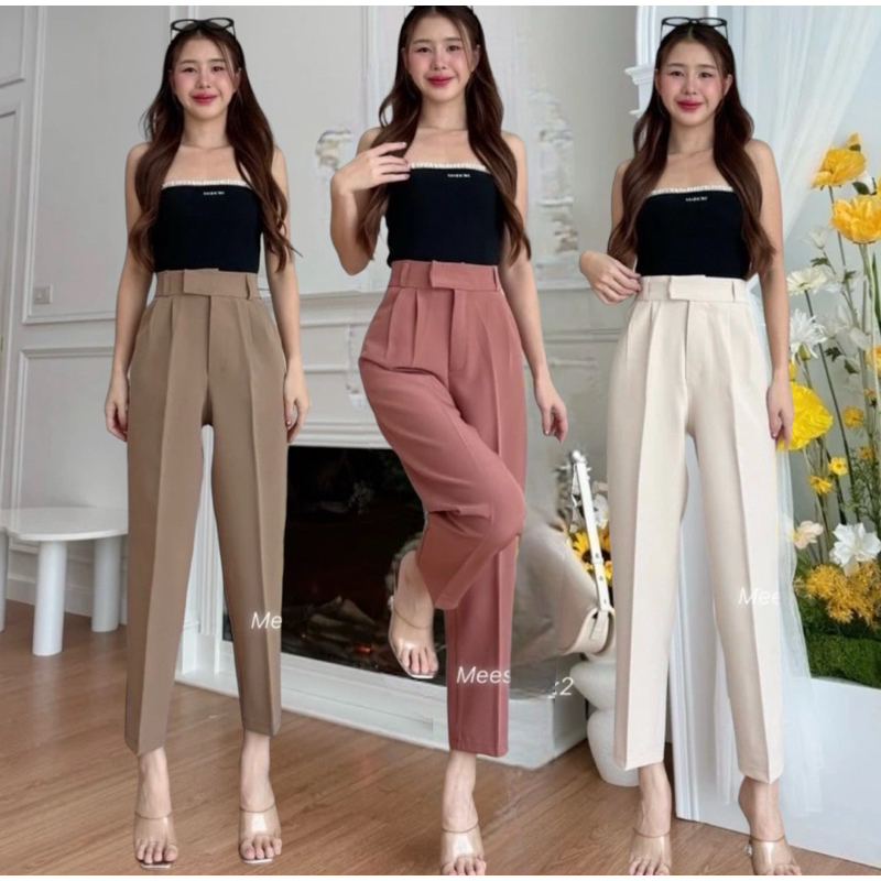 กางเกงทรงบอย9ส่วนขอบเอวยื่นS-3xl