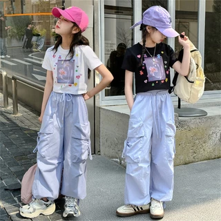 Beryl kids🌸ชุดเซ็ทเด็กผู้หญิง แฟชั่น🎀เสื้อแขนสั้นกางเกงคาร์โก้ ขากว้าง ทรงหลวม พิมพ์ลายน่ารัก รุ่นใหม่ ฤดูร้อน