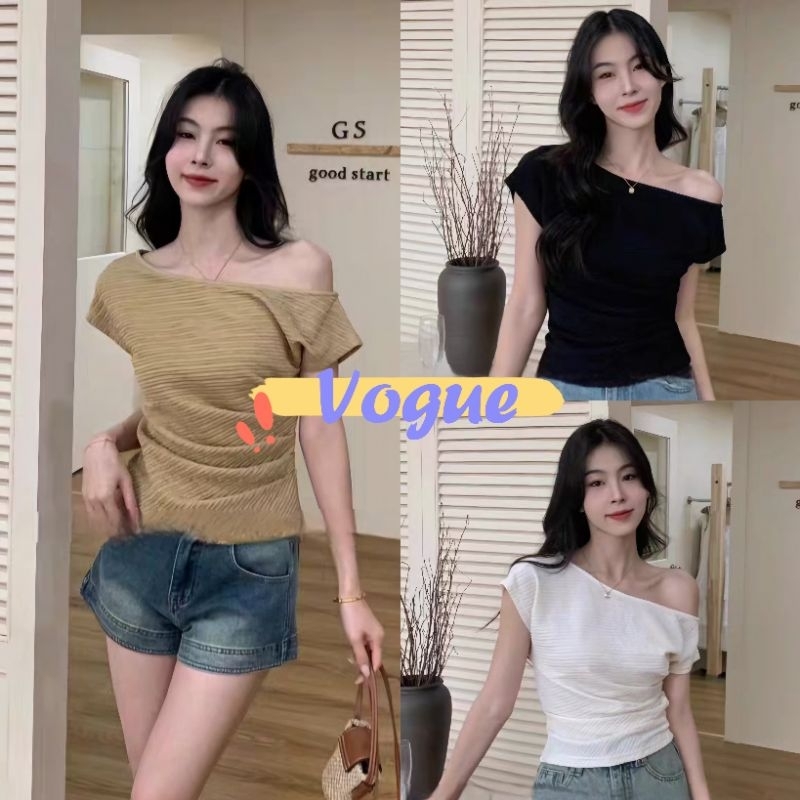 Vogue พร้อมส่ง เสื้อไหมพรมเปิดไหล่ ดีเทลผ้าร่อง แขนสั้น ยืดกำลังดี (M0551)