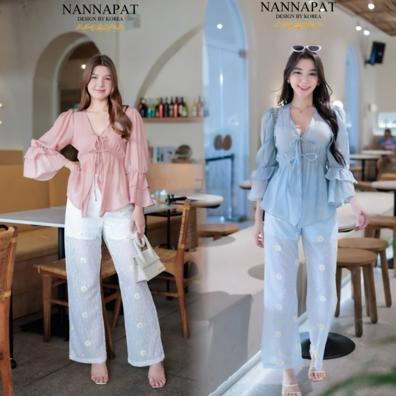 M5 งานป้าย Nannapat Set ชุดเซ็ทกางเกงขายาวปักดอกไม้ สำหรับผู้หญิง เสื้อผ้าแฟชั่นผู้หญิง ไซส์ S-XL