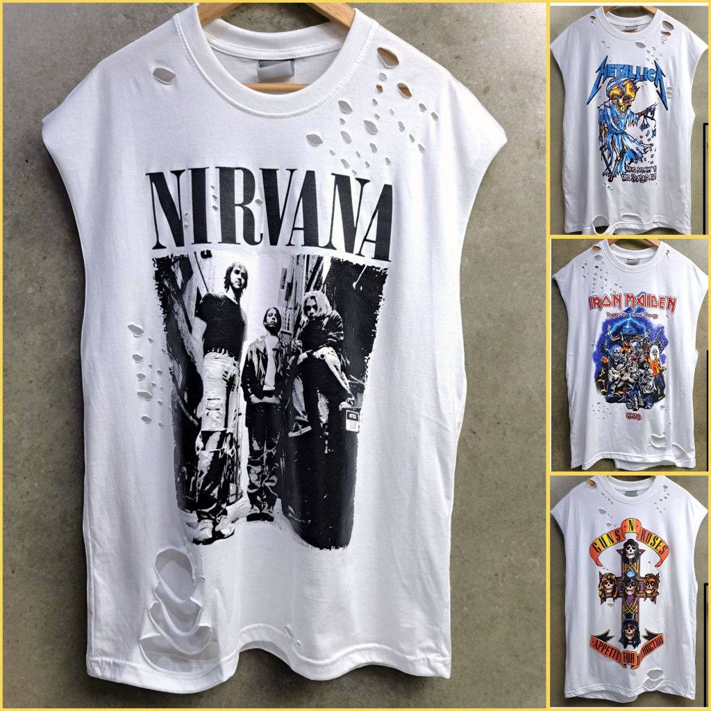 เสื้อแขนกุดแต่งขาด อก44" ยาว29" ผ้าคอตตอน สีขาว เสื้อวงแต่งขาด