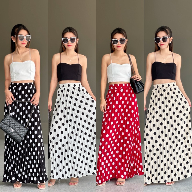 polka dots skirt กระโปรงอัดพลีทตัวยาว ลายจุด เอวสม๊อค