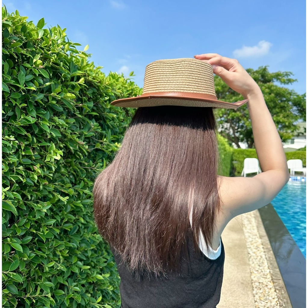 หมวกสานคัพเค้ก แต่งเข็มขัด หมวกสาน สไตล์เกาหลี สีขาว ครีม กากี A777