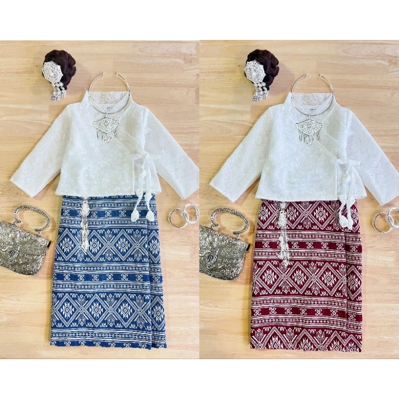 #Mn ชุดไทยพื้นเมืองล้านนาเด็กหญิง เสื้อลูกไม้มีซับ กระโปรงเอวสม๊อค (ไม่รวมประดับ)