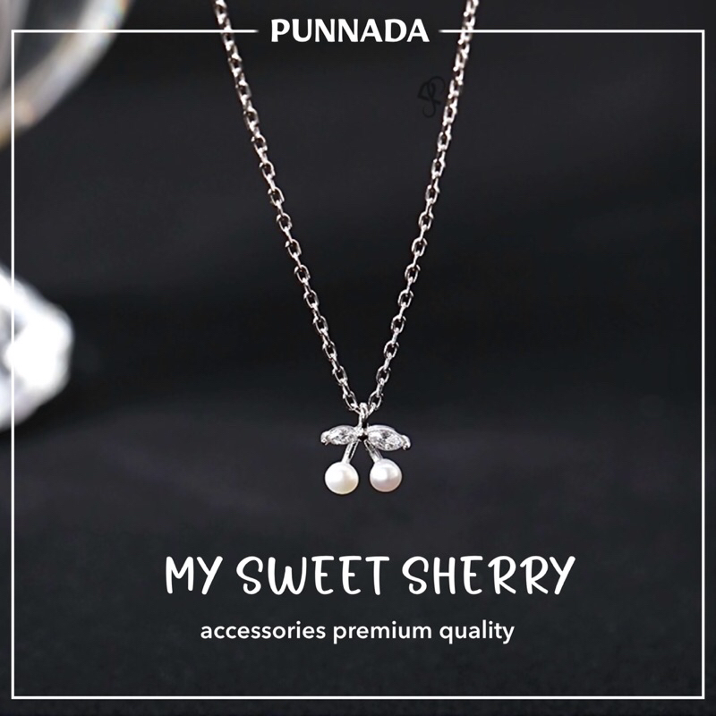 PUNNADa (ส่งไวใน24ชม.) PN007 สร้อยเงิน จี้เชอรี่แต่งเพชร ใส่โดนน้ำได้ สร้อยคอ เงิน งานเกรดพรีเมี่ยม ของขวัญ