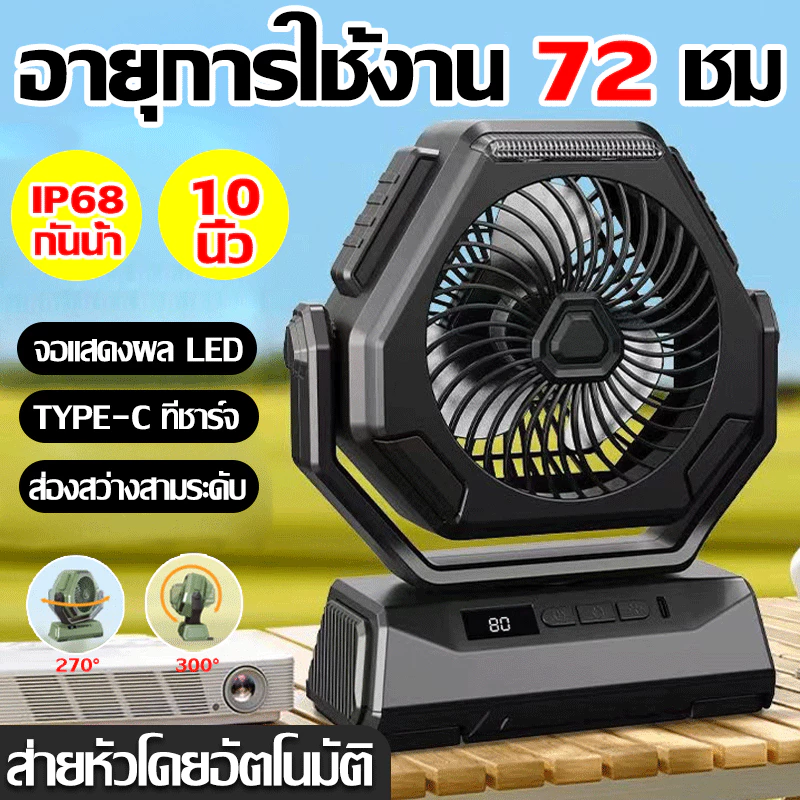 10นิ้ว 20000mah สามารถชาร์จมือถือได้ พัดลมพกพา พัดลมแคมป์ปิ้ง แบตเตอรี่ลิเธียม18V พัดลม/ไฟ LED ปรับได้3ระดับ