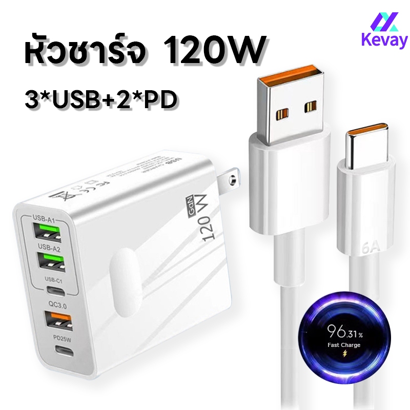 อะแดปเตอร์ชาร์จเร็ว 120W USB QC 3.0 PD 5 พอร์ต USB Type C อะแดปเตอร์ชาร์จโทรศัพท์มือถือ