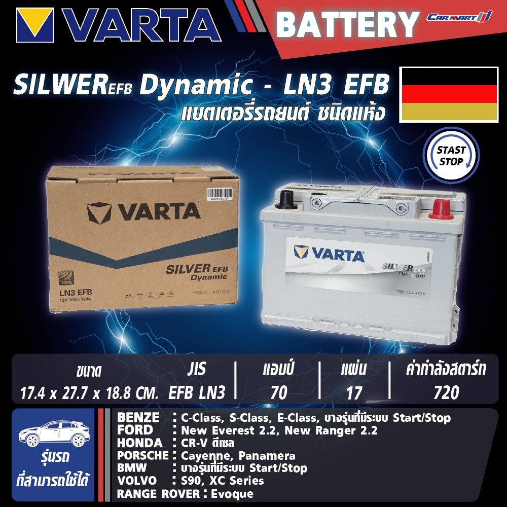 แบตเตอรี่ VARTA รุ่น LN3 EFB Silver Dynamic EFB แบตเตอรี่แห้ง (ไม่ต้องดูแลน้ำกลั่น)