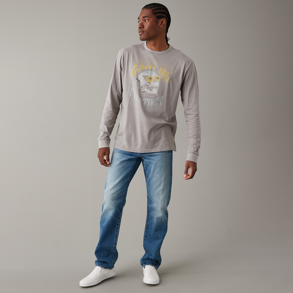 American Eagle เสื้อยืดผู้ชาย G HALLOWEEN 3RD PARTY LS SET IN TEE- MAGIC WHITE TUMBLE สี GRAY – 017-3246-020