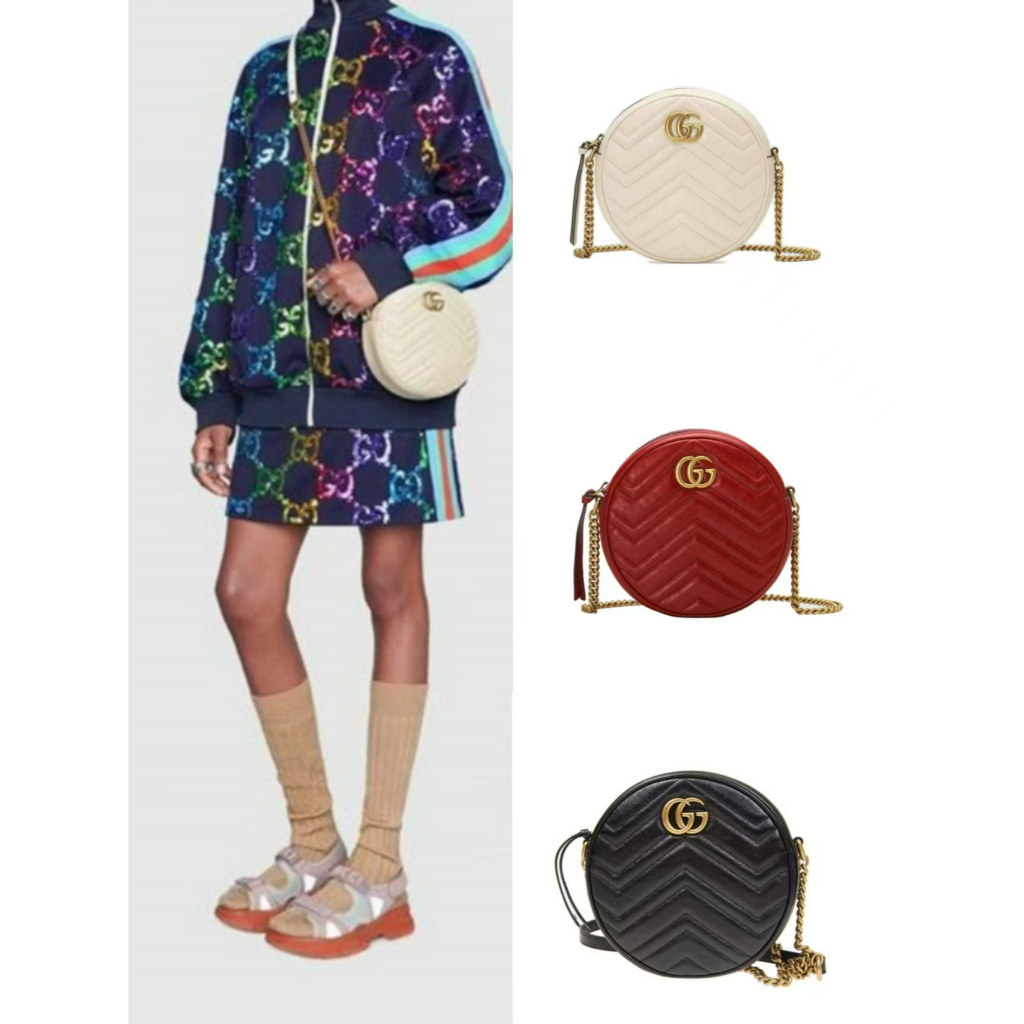 แท้ 100%/GUCCI/สุภาพสตรี/กระเป๋าทรงกลมโซ่/GG Marmont ผ้าควิลท์/กระเป๋าสะพายข้าง