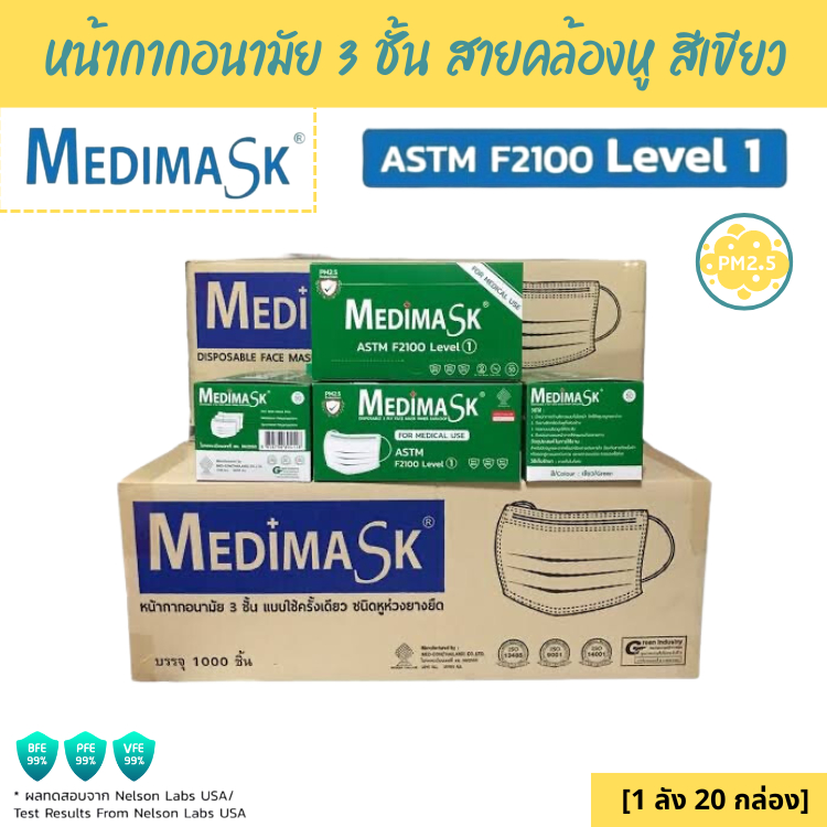 Medimask SK หน้ากากอนามัย 3ชั้น 50ชิ้น ต่อกล่อง [1 ลัง 20 กล่อง] เกรดการแพทย์ ใช้ในโรงพยาบาล mask (g