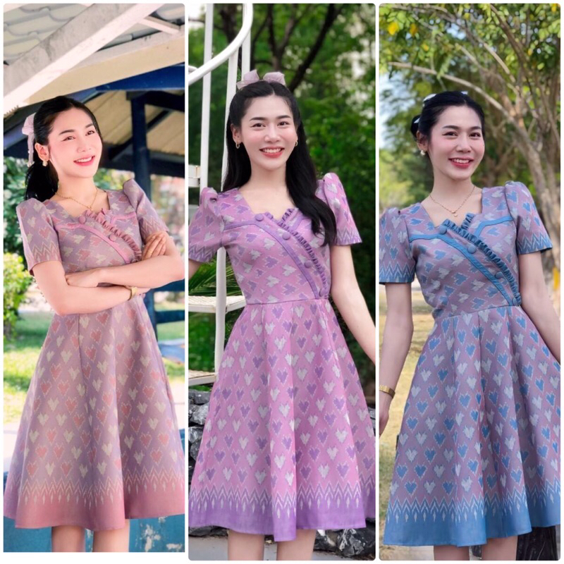 ชุดเดรสผ้าทอลายทูโทนลายหัวใจ  อัดซับในผ้ากาวทั้งชุด  ระบายตัดเย็บเป็นที่ติดกัน