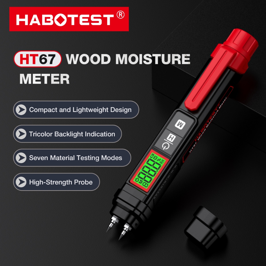HABOTEST HT67 ปากกาดิจิตอลเครื่องวัดความชื้นในไม้จอแสดงผล LCD Pin-Type ไม้เครื่องตรวจจับความชื้นคอนกรีตซีเมนต์อิฐเครื่อง