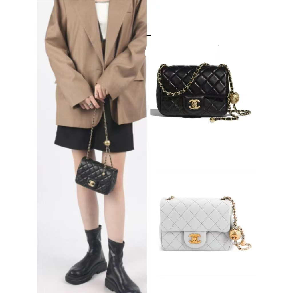 แท้ /100%/Chanel/Ladies /gold bead square/ fat shoulder/ bag crossbody/ chain bag/AS1786