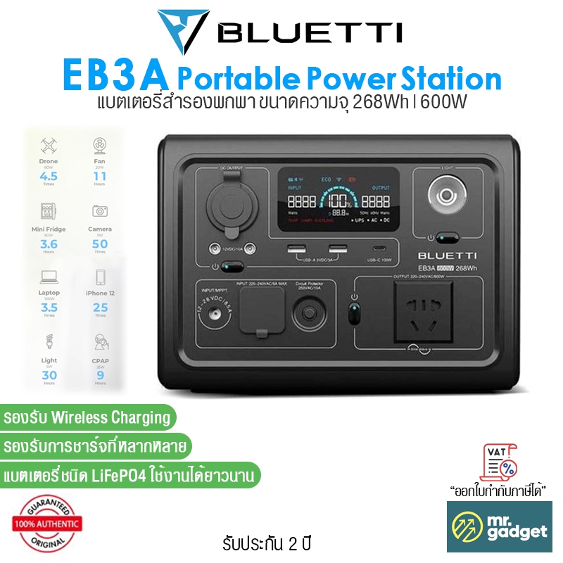 Bluetti EB3A แบตเตอรี่สำรองพกพา ขนาดความจุ 268Wh | 600W Portable Power Station (รับประกัน 2 ปี)