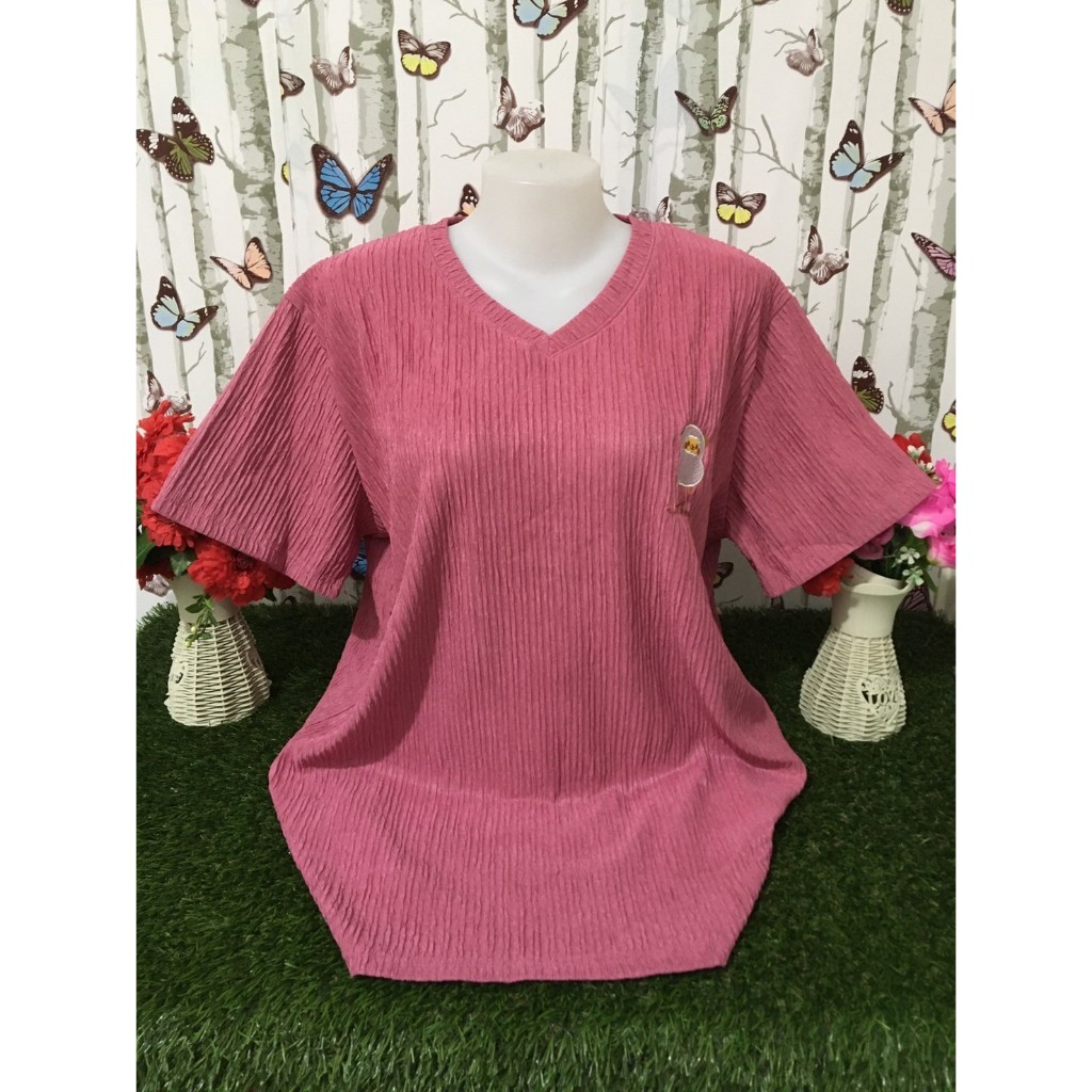 เสื้อแฟชั่นคอวีแขนสั้น ผ้าทอฟฟี่สีพื้น อก 46-48-50-52นิ้ว สาวอวบใส่สวยมาก รุ่น1718-3