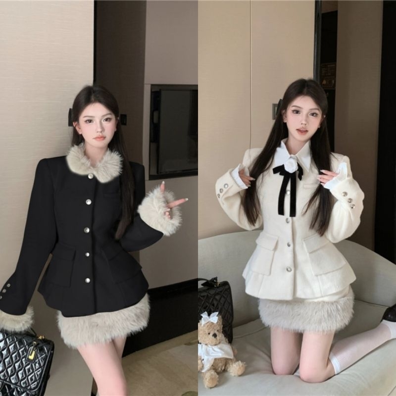 S162 พร้อมส่ง2สี ดำ,ครีม ชุดเซ็ต2ชิ้น เสื้อแขนยาวผ้าwool และกระโปรงสั้นแต่งเฟอร์ แถมเข็มกลัดดอกไม้ สไตล์ลูกคุณ
